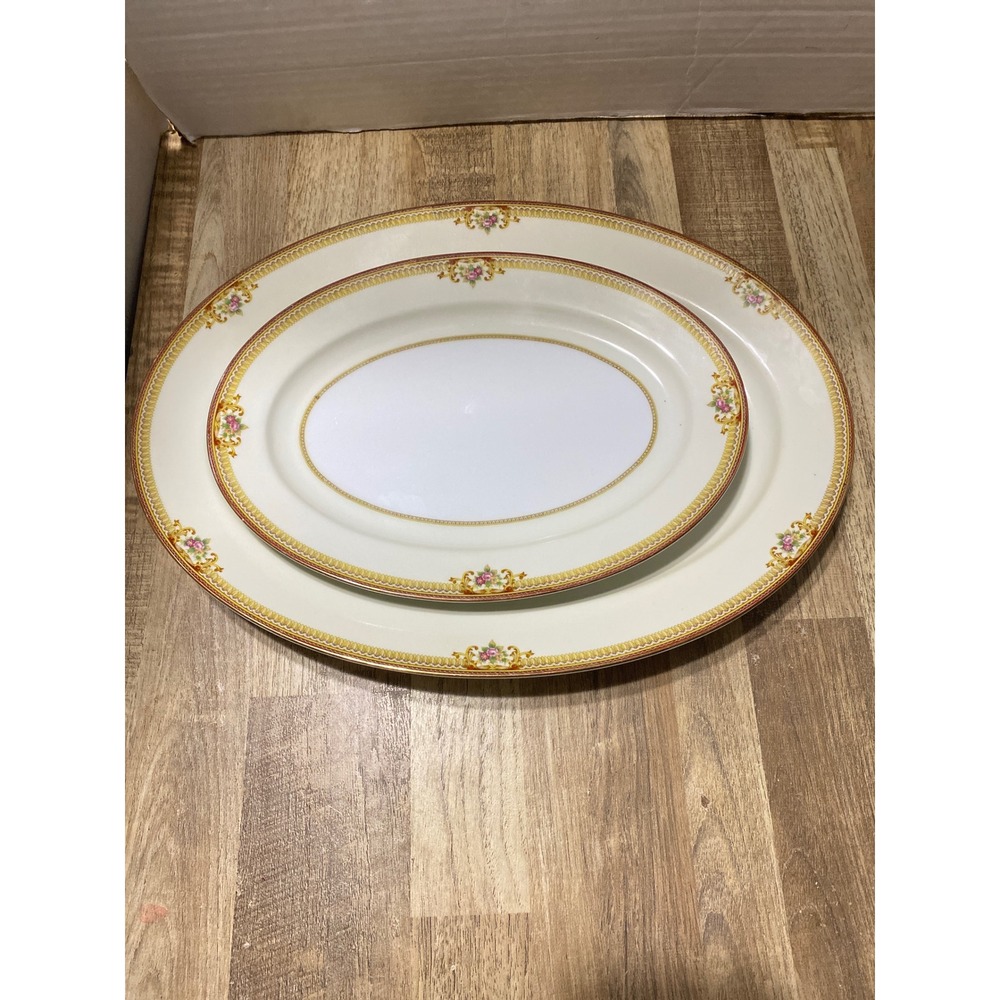 Vintage Meito China Oval Serving Platters Set of 2 Floral Gold Trim Cream Japan